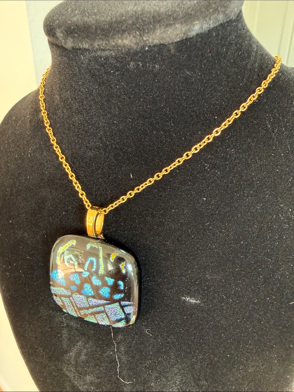 Gold-Tone Dichroic Glass Pendant Necklace - Multicolor Accent
